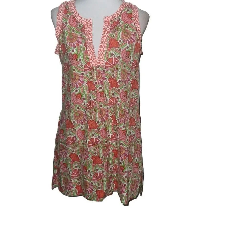 Gretchen Scott Designs Sleeveless Paisley Shift Dress Ruffle Trim Cotton Sz S